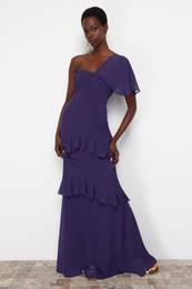 Purple A-Cut Ruffled Woven Long Evening Dress