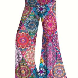 Plus Size Colorblock Geometric Print Wide Leg Pants, Casual Ruched High Waist Pants, Women's Plus Size Clothing