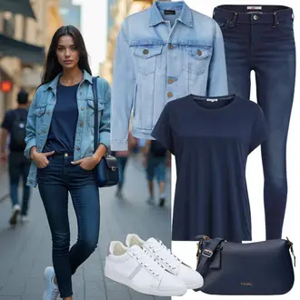 Outfit sa Tamnoplava/Plava Kožna Jakna/High Waist Traperice/Push-up Traperice/Termo Traperice/Zimska jakna/Kožne Cipele "Lijepa proljetna odjeća"