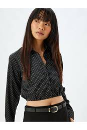 Crop Shirt Long Sleeve Polka Dot Buttoned Classic Collar Slim Fit Elastic Waist