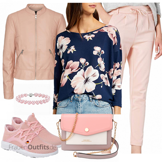 Outfit mit Rosa Frühlingsjacke/Bikerjacke/Lederjacke/Jacke mit Seitlichem Reißverschluss/Leder Bomberjacke/KunstLederjacke VERO MODA "Praktischer Look"