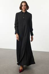 Black Hem Flounce Shirt Collar Button Knitted Dress