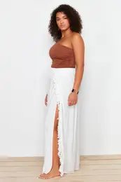 Curve Ecru Maxi Length Woven Tassel Slit Detailed Beach Wear Skirt
