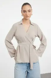 Gray V-Neck Double Breasted Tie Detailed Woven Blouse