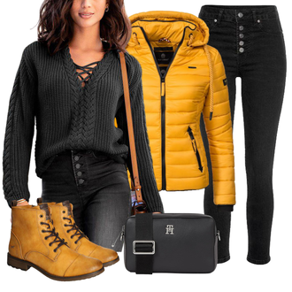 Outfit mit Schwarz Leder Schuhe/Lederjacke/Push up Jeans/Cropped Jeans/High Waist Jeans/Thermojeans/Damen 7/8-Länge Jeans/Caprijeans/Winterjacke/Biker Jeans/Knöchelstiefel Buffalo "Perfekt für den Winter"