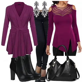 Mit Fransen Outfit mit Schwarz Lederjacke/Stiefel Mit Reißverschluss/High Heels Stiefel/Plateaustiefelette/Leder Stiefelette/Gefütterte Stiefelette/Klassische Stiefelette Stiefelparadies "Purple"