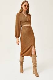 Women's Camel Slit Skirt Knitted Suit
