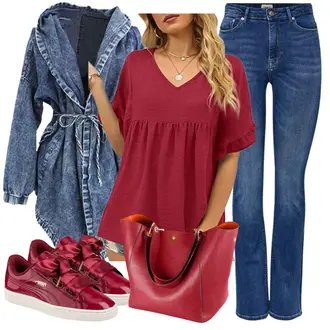 Outfit mit Rot/Dunkelrot/Bordeaux/Lila Schlupfbluse/Kurzarmbluse/Lederjacke/Kurzarm-Tunika/Tuniken-Shirt/Bluse Oberteil/Einfarbige Bluse MAGIMODAC "Outfit Für Den Frühling"