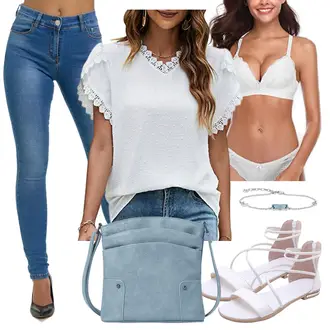 Outfit mit Weiß/Creme Spangenschuh/T-Strap-Sandale/Brautschuh Flach/RiemchenBallerina/Sommer Schuh/Riemchen Sandale/Römer Sandale amropi "Modischer Sommer Look"
