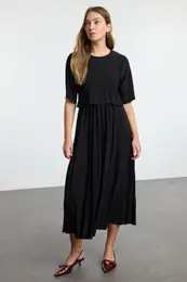 Black Pleated Skater Midi Crew Neck Stretchy Knitted Dress