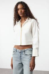 White Crop Poplin Fabric Woven Shirt
