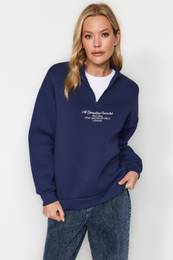 Navy Blue Thick Fleece Zippered High Neck Oversize/Cream Knitted Sweatshirt