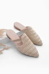 Women's Stone Straw Detail Daily Slippers Velon Beige
