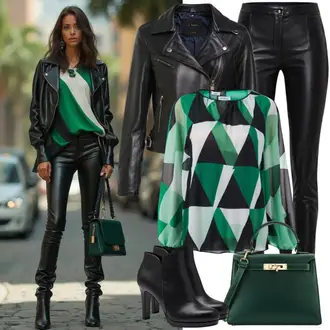 Chic outfity Léto s Zelená/Tmavě zelená Dětská hračka Kaffe, Černá Kožené Bund/Kožená vintage bunda/Motorkářské Bund/Bunda na přetažení přes hlavu/Motorkářská bunda Only, Černá Kalhoty z Umělé Kůže/Legíny Kožený Vzhled/Kožený legíny/Vinylový Legín/Kožená Kalhoty/Skinny Kalhoty JdY "Jarní vzhled"