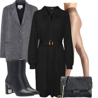Outfit met Donkergrijs/grijs/Donkerblauw/Lichtblauw Gebreide kleding/Leren Jas/Boucle Blazer/Gebreide Blazer/Boyfriend Blazer Ichi "Mooie winter look"