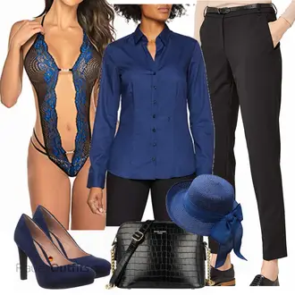 Outfit mit Dunkelblau Bluse Mit Ellen­bogen-patch/LangarmBluse/Bluse Mit Knopf/Bluse mit Stehkragen/Bügelfreie Bluse/Slim Fit Bluse/Business Bluse Seidensticker "Buffalo"