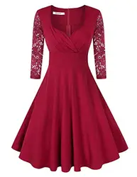 KOJOOIN Damen 50er Vintage Kleid Retro/Cocktailkleid/Abendkleid/Ballkleid Rockabilly V-Ausschnitt Kleid Knielang Langarm Bordeaux Weinrot M