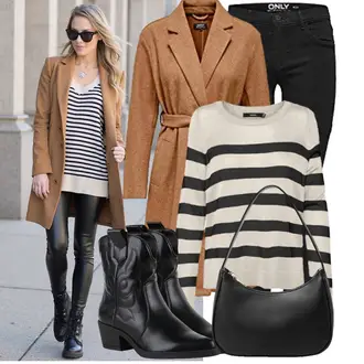 Frühlings Outfits Edel mit Schwarz Winterjacke/Jeans mit Schlitz/Low Rise Jean/Slim Fit Jeans/Thermojeans/Push up Jeans/Leder Schuhe/Biker Jeans Only, Braun/Beige Strickmantel/Bouclé Mantel/Midi Mantel/Lodenmantel/Wollmantel/Kaschmir Mantel/Wollmantel/Tweed Mantel Only, Weiß/Schwarz Schultertasche/Baguette-Tasche "Schönes Frühlingsoutfit"Look: Casual, Stil, Lack, Nahtlos, Schlichte, Trendige, Elegant, Classic, Edel, Smart Casual, Overdressed, Schick, Metal, Indoor, 20er Jahre, Feine, Premium, Oversize