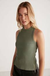 Cindy Women's Elastic Ribbed Metal Zippered Body-Shugging Khaki Blouse