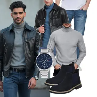 Patches Outfit mit Schwarz/Rot/Blau Lederjacke/Vintage Lederjacke/KunstLederjacke Sailwind "Freizeit Outfit"