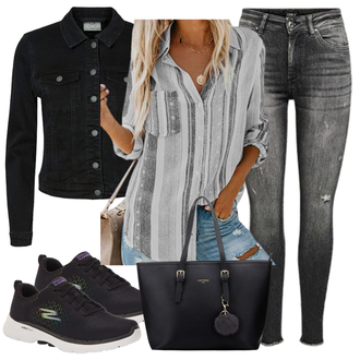Punk Outfit mit Hellgrau/Dunkelgrau/Grau/Schwarz Leder Schuhe/Winterjacke/Push up Jeans/High Waist Jeans/Lederjacken/Biker Jeans/Jeans mit Loch/Jeans mit Schlitz Only "Fruhlings Outfit"Look: Lack, Old Money, Coole, Nahtlos, Punk, Disco