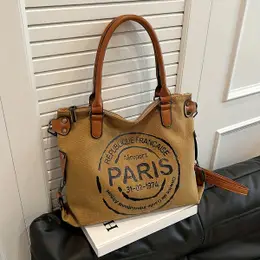 Vintage Tote Bag For Women, Fashionable Casual Shoulder & Messenger Bag, With Zipper Closure, Fabric Material, With Paris Stamp Design, For