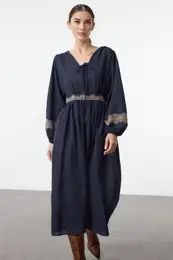 Navy Blue Embroidered Midi Woven Dress with Open Waist