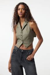 Khaki Fitted Cut Out Detailed Crop/Short Woven Vest