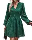 BebreezChic Kleid Damen Langarm Elegant V-Ausschnitt Minikleid Einfarbig Blumen Hohe Taille Plissee Partykleid Casual für Frühling Sommer 2023, Grün M