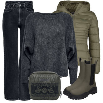 Outfit mit Dunkelgrün Chelsea Boot/Gummistiefelette/Gummistiefel/Lederjacke Dockers by Gerli "Outfit Für Den Winter"