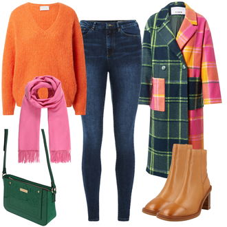 Outfit mit Orange Strickjacke Neo Noir "Farbenfroher Alltagslook"