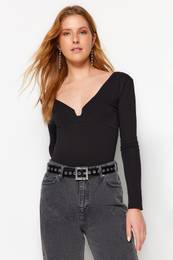 Black Cotton Stretchy V Neck Fitted/Situated Stretchy Knitted Bodysuit