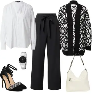 Outfit mit Schwarz/Weiß/Gelb Bequemer Pump/Sandalette/Spangenpump/High Heel/Eleganter Schuh/Hochfrontpump/Sandalen Mit Absatz/High Heel Pumps Guess "Kontrast Businessoutfit"