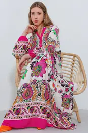 Women's Fuchsia Cream Patterned Viscose Dress 2423