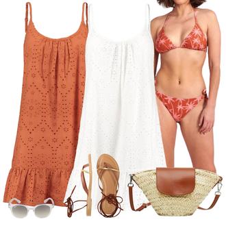 Outfit mit Orange Sommerkleid/Strandkleid/Boho Kleid Sommer/Trägerkleid/Gesmoktes Kleid Shiwi, Weiß/Creme/Braun Sommerkleid/Babydoll-Kleid/Boho Kleid Sommer/Baumwollkleid/Musselin Kleid/Nicki Kleid/Gesmoktes Kleid Shiwi "Strand Outfit"
