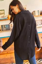 Women's Black Buttoned Back Long Textured Oversize Shirt