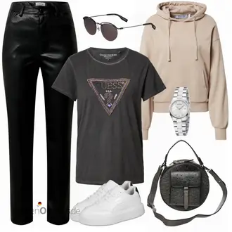 Outfit mit Schwarz/Braun/Weiß/Rot Lederhose/Lederimitathose/Vinyl Hose Edited "Cooler Alltagslook"