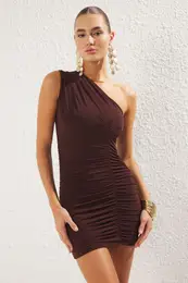Brown Body-Styling Draped Chic Mini Dress