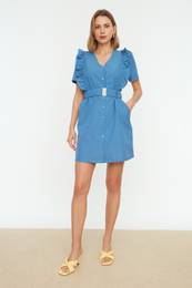 Indigo Belted Flounce obleka