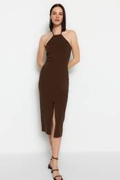 Brown Halter Neck trbina Vypasovan bavlnn streov midi pleten aty