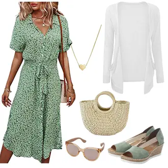 Outfits für Mollige Rockige mit Dunkelgrün/Grün/Beige Kork Sandale Mit Keilabsatz/Sandale Mit Keilabsatz/Espadrille-Pantolette/Wedge Schuh/Espadrille/Espadrille-Sandale/Espadrille Mit Keilabsatz Rieker "Grünes Alltagsoutfit"Look: Country Styl, Casual, Italienische, Smart Casual, Nahtlos, Vintage, Boho, Elegant, Rockige, Schick, Trendige
