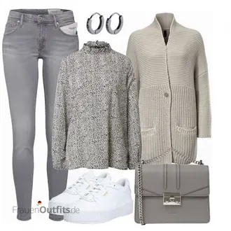 Outfit mit Hellgrau/Grau/Gelb Strick Große/Bluse Große Größe/Tunika/Bluse mit Stehkragen/Glitzerbluse/Gemusterte Bluse AX Paris "Freizeit Outfit"