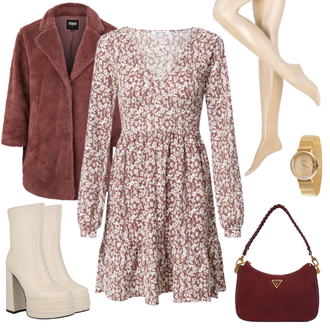 Outfit mit Rot/Braun/Lila/Rosa Pelzmantel/Lamahaar-Mantel/Teddy Mantel Urban Classics "Femininer Freizeitlook"