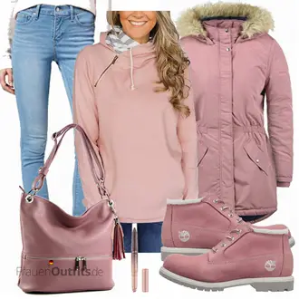 Outdoor Wasserdicht Outfit mit Rosa/Lila Outdoormantel/Mantel mit Reißverschluss/Kapuzenmantel/Wintermantel/Parka Only "Levis Jeans"Look: Outdoor, Schön, Sportlich, Zuhause, Italienische
