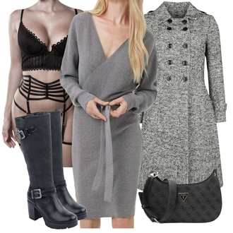 Winter Outfits Mit Gürtel Knielang mit Grau/Dunkelgrau/Hellgrau Winter Strickkleid/Pulloverkleid/Langärmliges Kleid/Langes Strickkleid/Hoodie Kleid/Langärmliges Winterkleid VERO MODA "Outfit Für Den Winter"