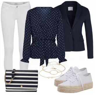 Outfit mit DunkelBlau/HellBlau/Blau Lederjacke/Blazerjacke/Blusenblazer/Boyfriend Blazer/Lässiger Blazer/Baumwoll ­Blazer/Eleganter Blazer/Strick­blazer/Kurzblazer/Sweatblazer/Lederjacke für Männer/Lederjacke VERO MODA "Only bluse"