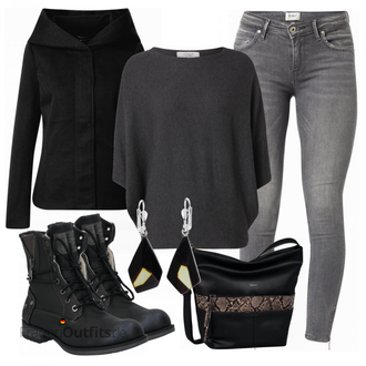 Outfit mit Schwarz/Grau/Dunkelgrau Strick Große/Klassische Tunika/Bluse Lederjacke/Oversize Bluse/Tuniken-Shirt/Shirt & Top Große Größe/Tunika/Pullover Mit Fledermausärmel/Kaschmir Pullover JdY "Perfekt für den Herbst"