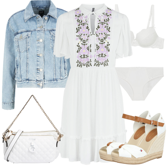 Geblümt Outfit mit Weiß/Creme/Fliederfarben Kleid Große Größe/Tunika/Boho Kleid Sommer/Boho Kleid Elegant/Hippie Kleid/Gesmoktes Kleid/Sommerkleid/Vintage Boho-Kleid Pieces "Schöner Sommer Look"