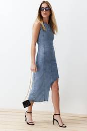 Light Blue Slit Asymmetrical Denim Maxi Dress