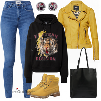 Outfit mit Gelb Mantel/Bikerjacke/Lederjacke/Motorradjacke/KunstLederjacke/Vintage Lederjacke/Jacke mit Seitlichem Reißverschluss Maze "Tiger Freizeitlook"